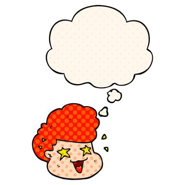 çizgi film heyecanlı çocuk ve çizgi roman tarzında kabarcık düşünce