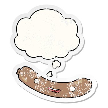karikatür sosis ve sıkıntılı yıpranmış etiket olarak kabarcık düşünce