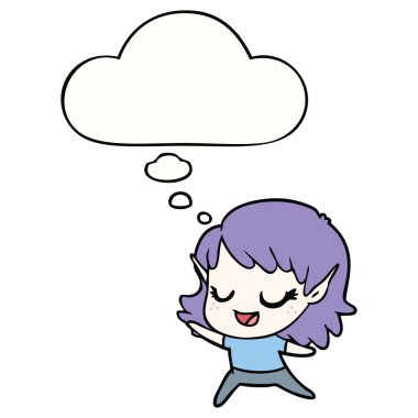 karton mutlu elf kız dans ve düşünce balonu