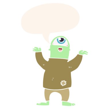 retro tarzında karikatür halloween canavar ve konuşma balonu