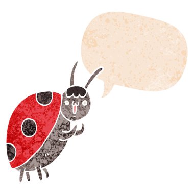 retro dokulu tarzı sevimli karikatür uğur böceği ve konuşma balonu