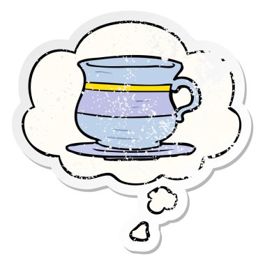 karikatür eski çay bardağı ve sıkıntılı yıpranmış stic olarak kabarcık düşünce