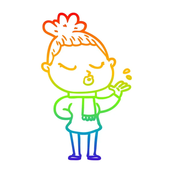虹のグラデーションライン描画漫画穏やかな女性 — ストックベクタ