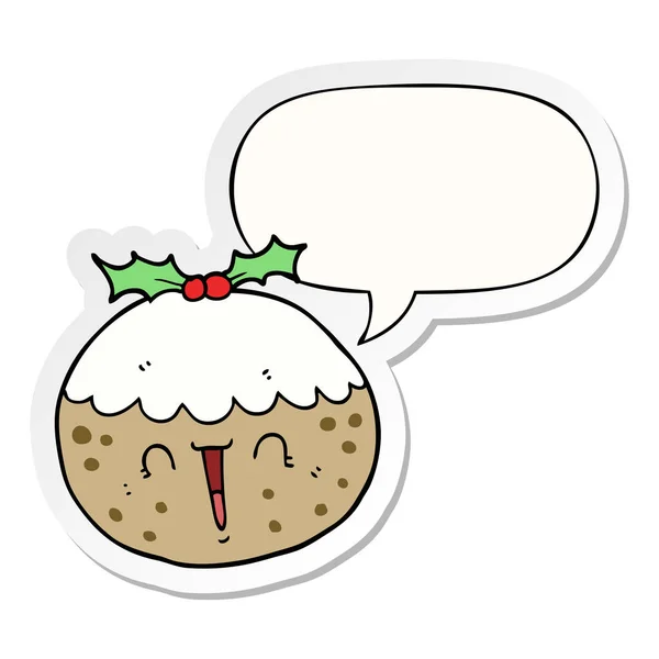 Lindo pudín de Navidad de dibujos animados y pegatina de la burbuja del habla — Vector de stock