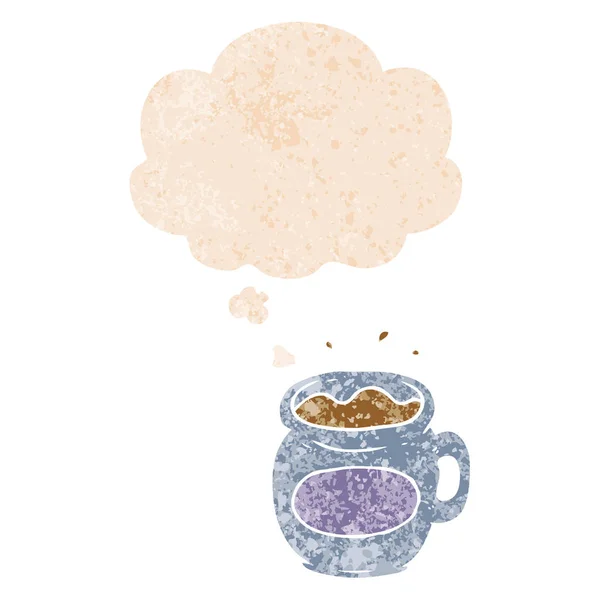 Tasse de café dessin animé et bulle de pensée dans un style texturé rétro — Image vectorielle