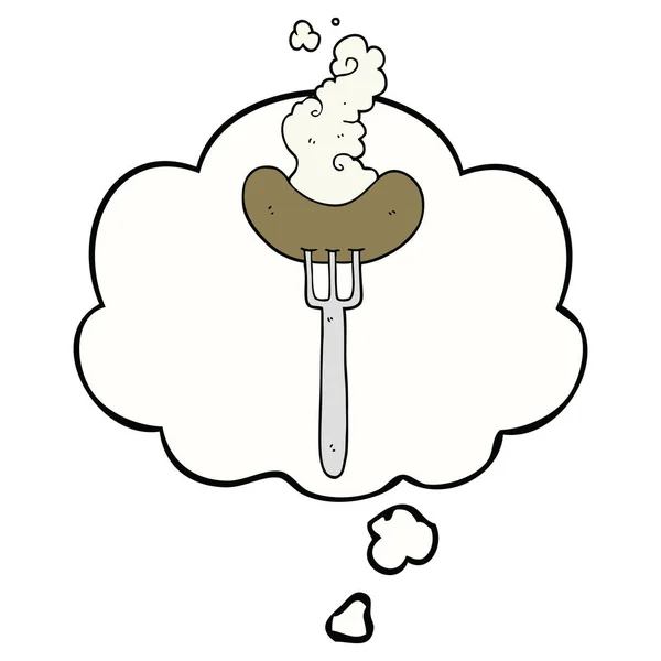 Salsiccia cartone animato su forchetta e bolla di pensiero — Vettoriale Stock