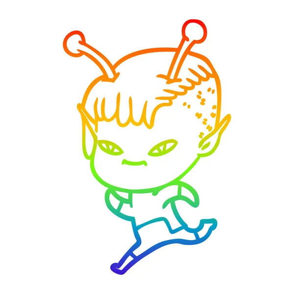 Linea gradiente arcobaleno disegno carino cartone animato ragazza aliena — Vettoriale Stock
