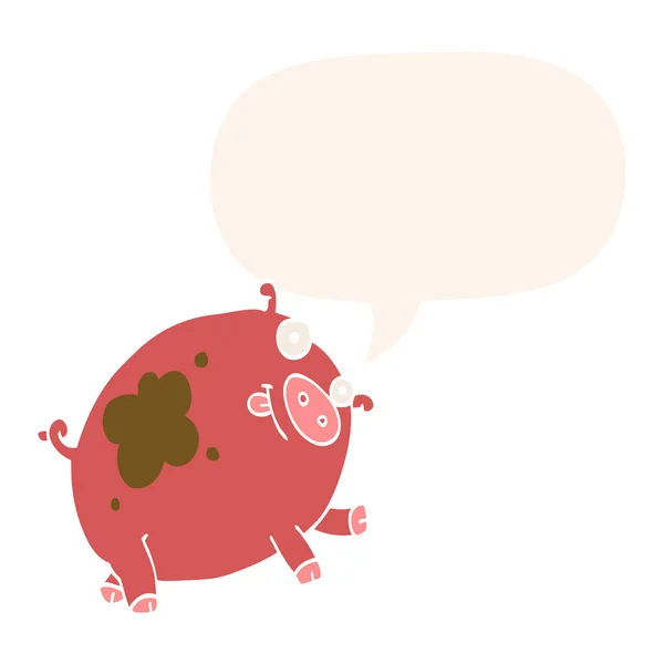 Cartoon pig and speech bubble in retro style — Stock Vector