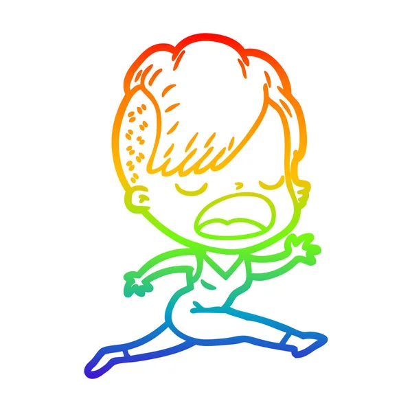Rainbow gradient line drawing cartoon cool hipster girl talking — Stock Vector