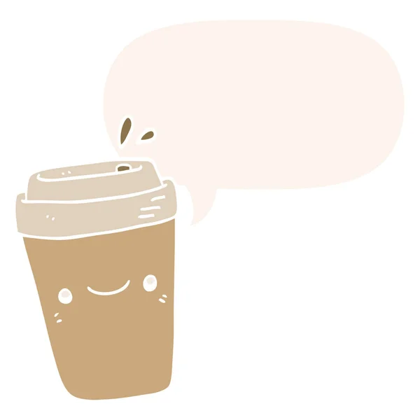 Desenho animado takeaway café e fala bolha no estilo retro — Vetor de Stock