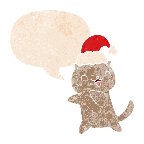 Lindo dibujos animados Navidad gato y el habla burbuja en retro texturizado s — Vector de stock