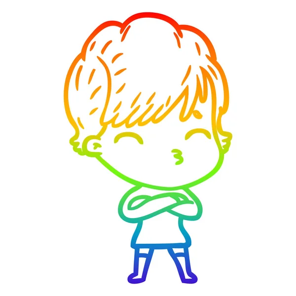 Arco iris gradiente línea dibujo dibujos animados mujer pensando — Vector de stock