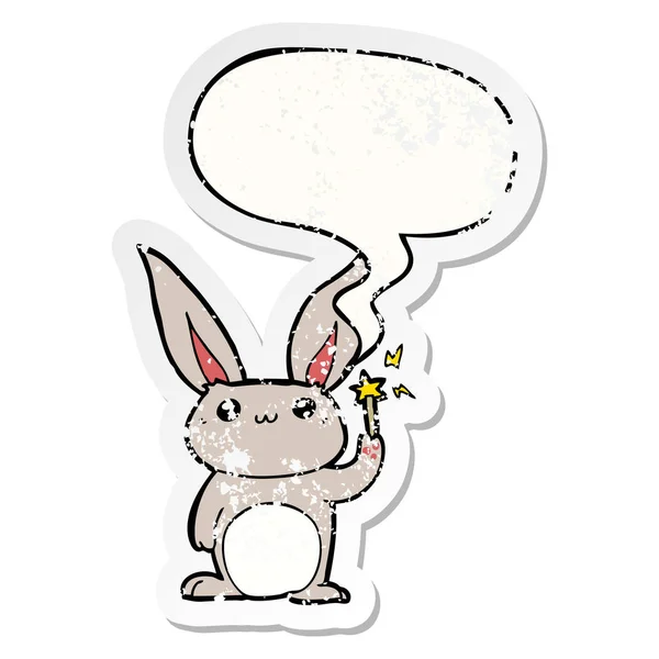 Sevimli karikatür tavşan ve konuşma balonu sıkıntılı etiket — Stok Vektör