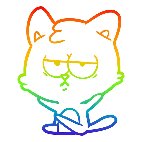 Rainbow gradient ligne dessin ennuyé dessin animé chat — Image vectorielle