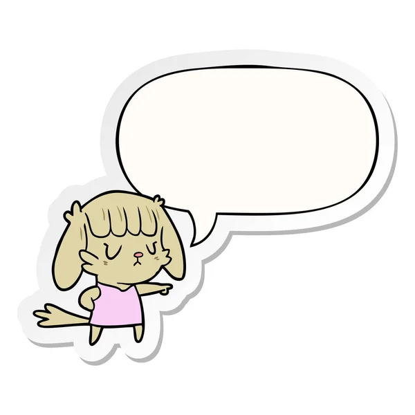 Cartoon hond meisje pointing en toespraak bubble sticker — Stockvector