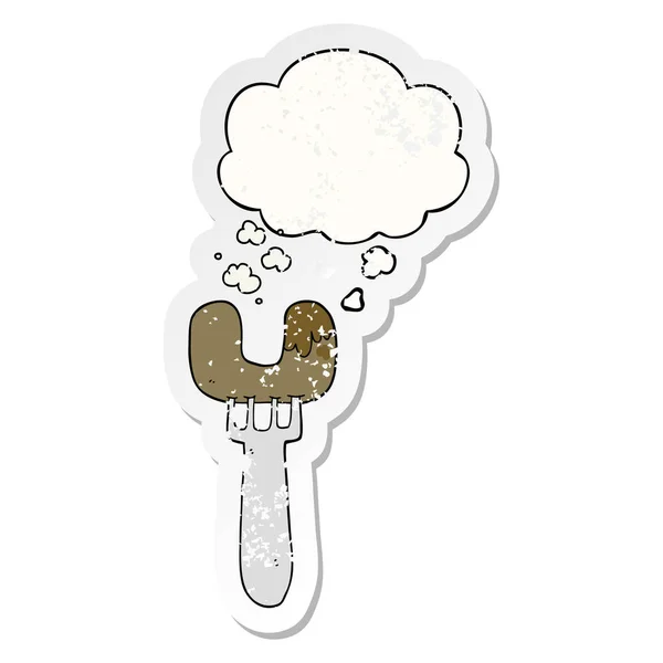 Cartoon sausage on fork and thought bubble as a distressed worn — Stock Vector