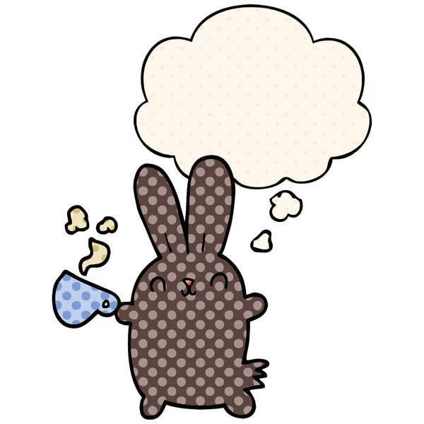 Leuke cartoon konijn met koffie kopje en dacht bubble in Comic — Stockvector