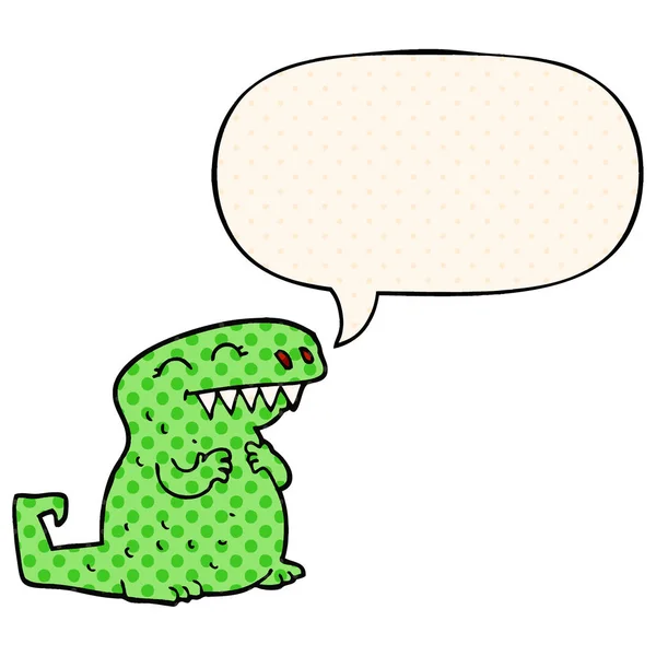 Dinosaurio de dibujos animados y burbuja del habla en estilo de cómic — Vector de stock