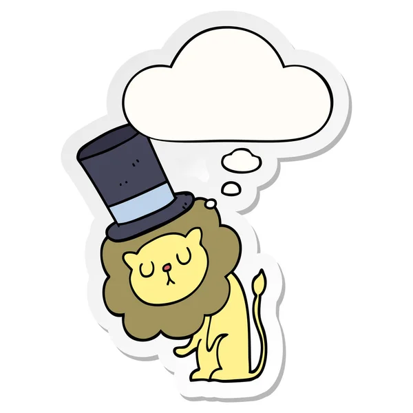 Leão bonito dos desenhos animados usando chapéu superior e bolha pensamento como um printe — Vetor de Stock