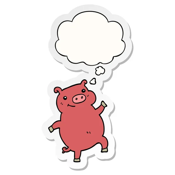Cartoon dancing pig and thought bubble as a printed sticker — Stock Vector