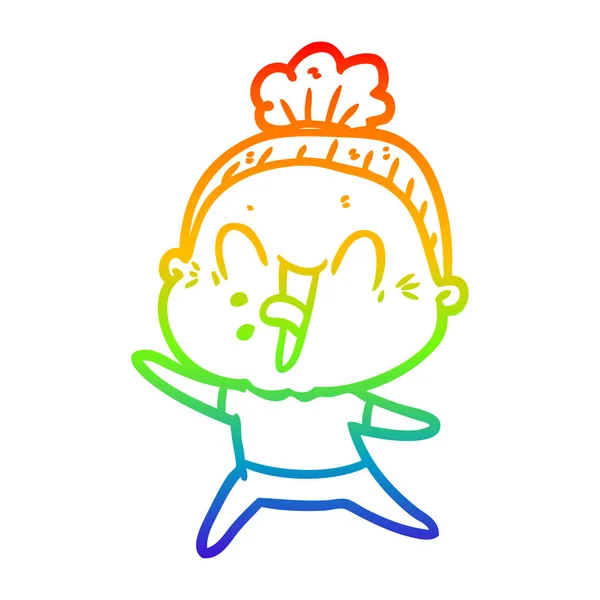 Rainbow gradient linje ritning tecknad lycklig gammal kvinna — Stock vektor