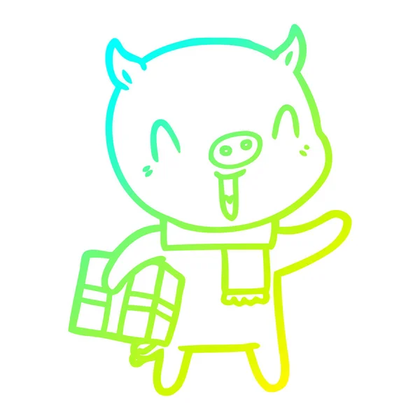 Cold gradient line drawing happy cartoon pig with xmas present — стоковый вектор