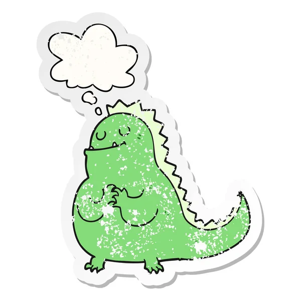 Cartoon dinosaur and thought bubble as a distressed worn sticker — Stock Vector