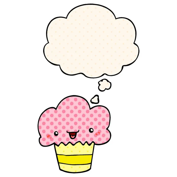 Cartoon Cupcake z twarzy i myśli bańka w komiksowym stylu — Wektor stockowy
