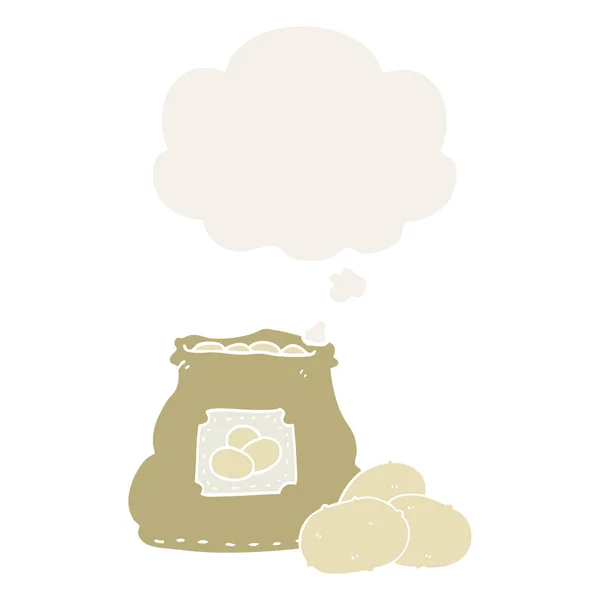 Bolsa de dibujos animados de patatas y burbuja de pensamiento en estilo retro — Vector de stock