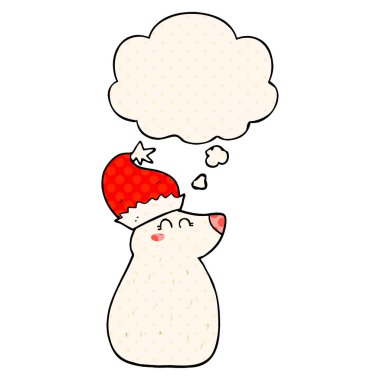 çizgi film ayısı noel şapkası ve komik b düşünce balonu giyen