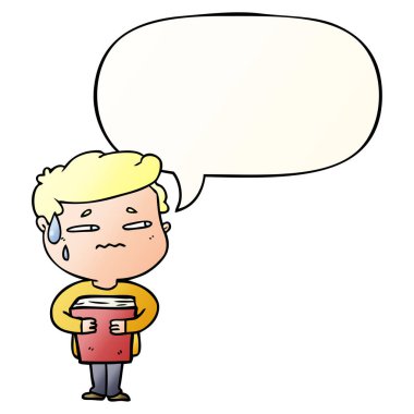 düzgün gr kitap ve konuşma balonu taşıyan karikatür endişeli çocuk