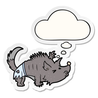 karikatür kurt adam ve basılı bir etiket olarak kabarcık düşünce