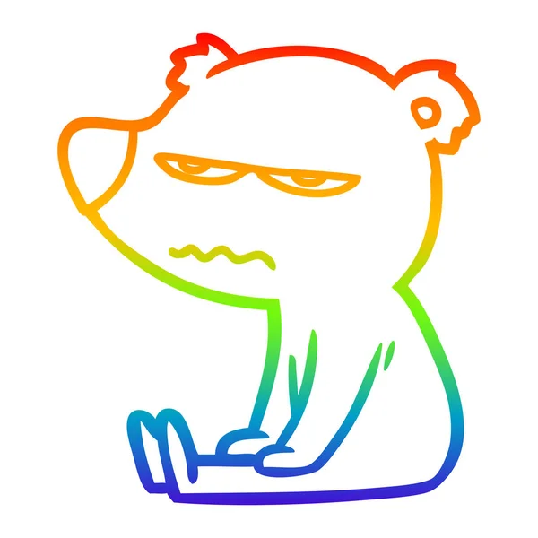 Linea gradiente arcobaleno disegno arrabbiato orso cartone animato seduta — Vettoriale Stock