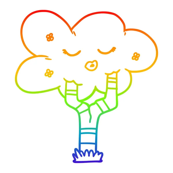 Arco-íris linha gradiente desenho árvore dos desenhos animados com rosto —  Vetores de Stock