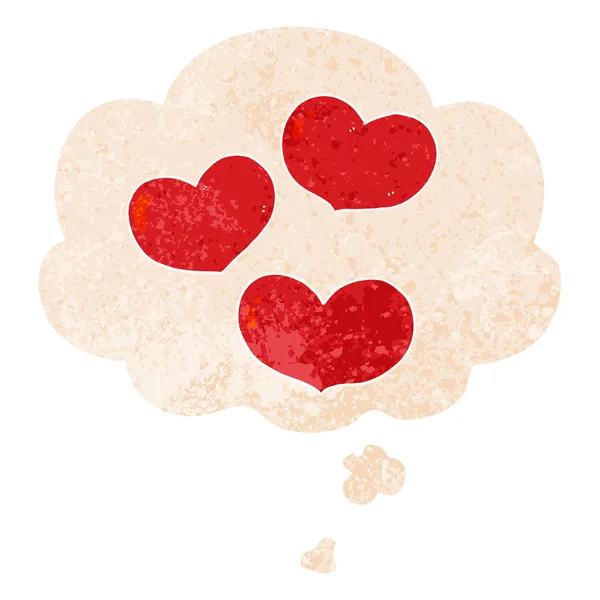 Coeur d'amour dessin animé et bulle de pensée dans un style texturé rétro — Image vectorielle