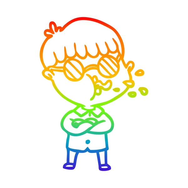 Rainbow gradient ligne dessin dessin animé garçon portant des lunettes — Image vectorielle