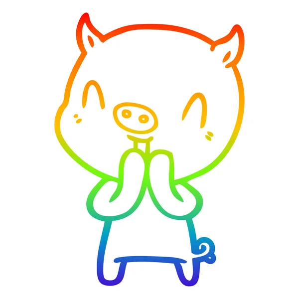 Rainbow gradient ligne dessin heureux dessin animé cochon — Image vectorielle