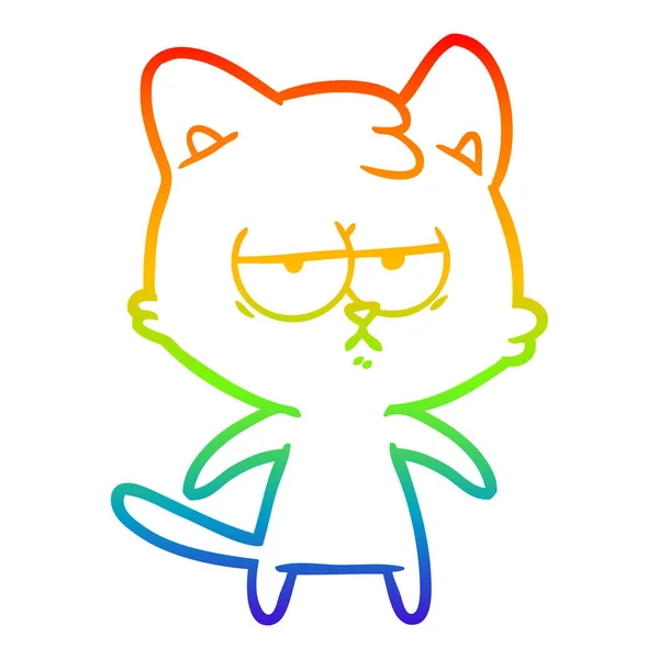 Rainbow gradient line drawing bored cartoon cat — Stock Vector