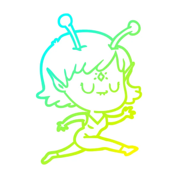 Koude gradiënt lijntekening cartoon Alien meisje springen — Stockvector