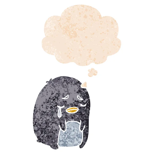 Dibujos animados llorando pingüino y pensamiento burbuja en estilo texturizado retro — Archivo Imágenes Vectoriales