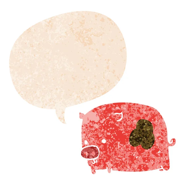 Cochon de dessin animé et bulle de parole dans un style texturé rétro — Image vectorielle