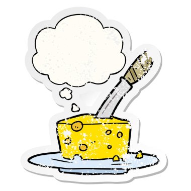 karikatür peynir ve sıkıntılı yıpranmış etiket olarak kabarcık düşünce