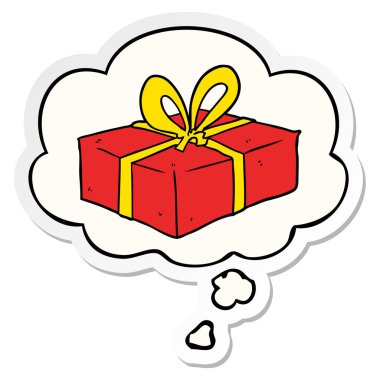 karikatür sarılmış hediye ve baskılı bir etiket olarak kabarcık düşünce