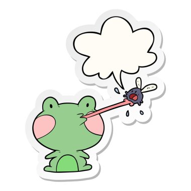 sevimli karikatür kurbağa sinek ve dil ve konuşma balonu stic yakalamak