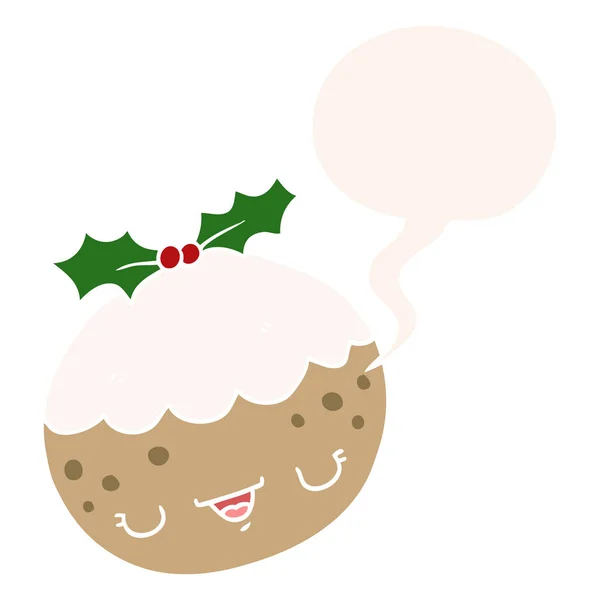 Cute cartoon christmas pudding and speech bubble in retro style — Stock Vector