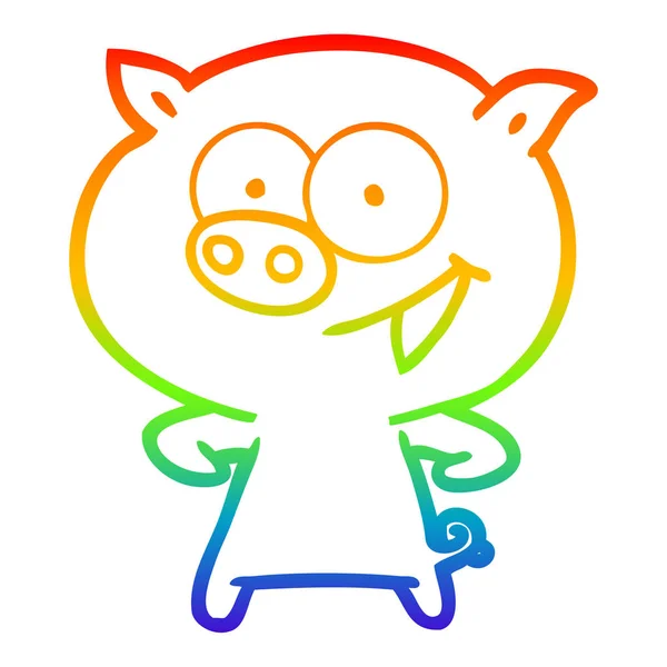 Rainbow gradient ligne dessin cochon joyeux dessin animé — Image vectorielle