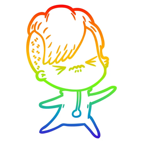 Arcobaleno gradiente linea disegno cartone animato infastidito hipster ragazza — Vettoriale Stock