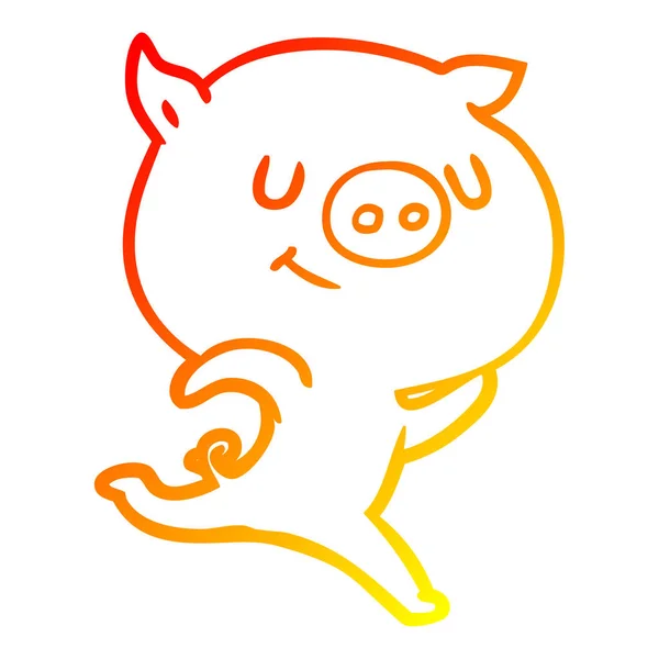 따뜻한 그라데이션 라인 그리기 행복 만화 돼지 실행 — 스톡 벡터