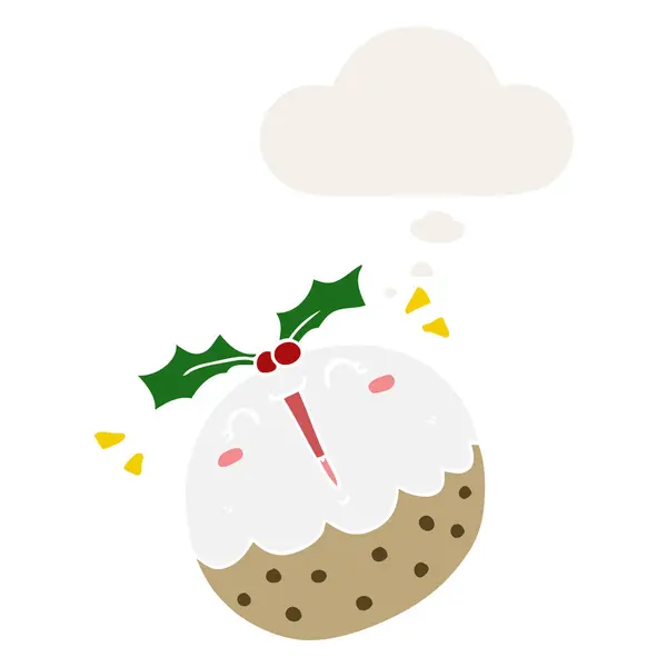 Χαριτωμένο καρτούν Χριστουγεννιάτικα πουτίγκα και σκέψη φούσκα σε ρετρό στυλ — Διανυσματικό Αρχείο