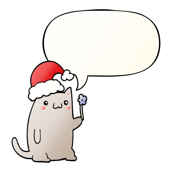 Cute cartoon christmas cat and speech bubble in smooth gradient — Stock Vector